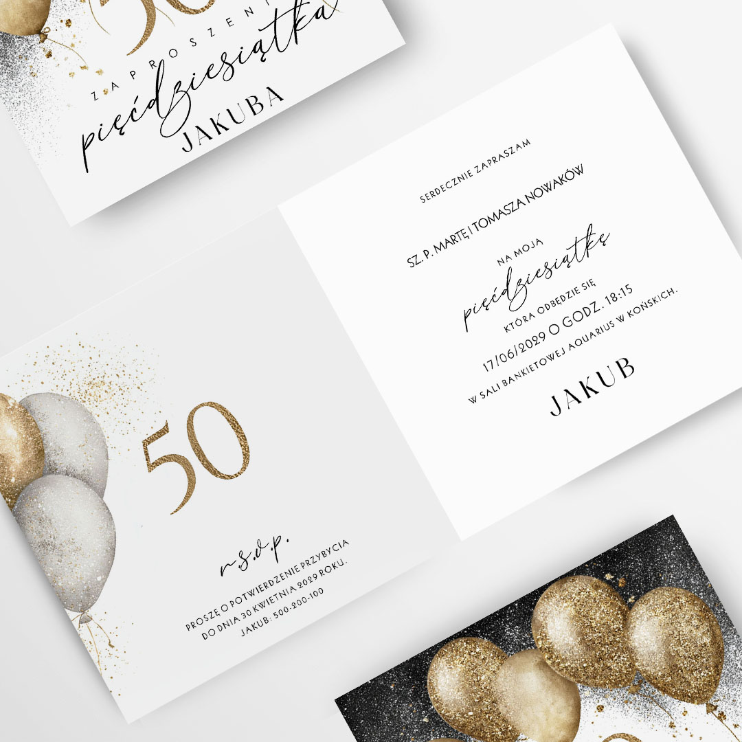 Eleganckie zaproszenie na urodziny ze złotymi balonami