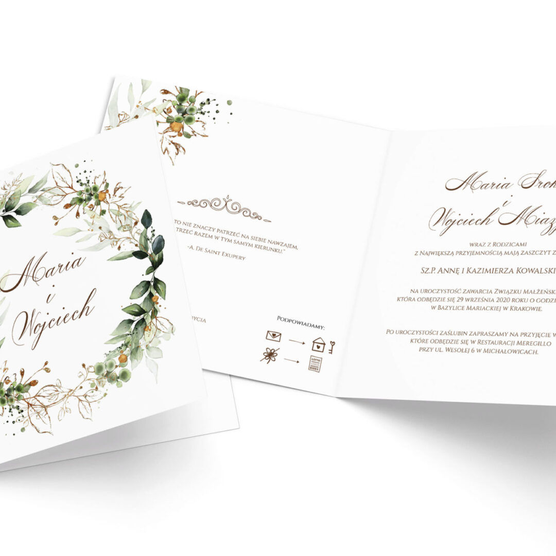 Zaproszenie Ślubne z zielonym wianuszkiem