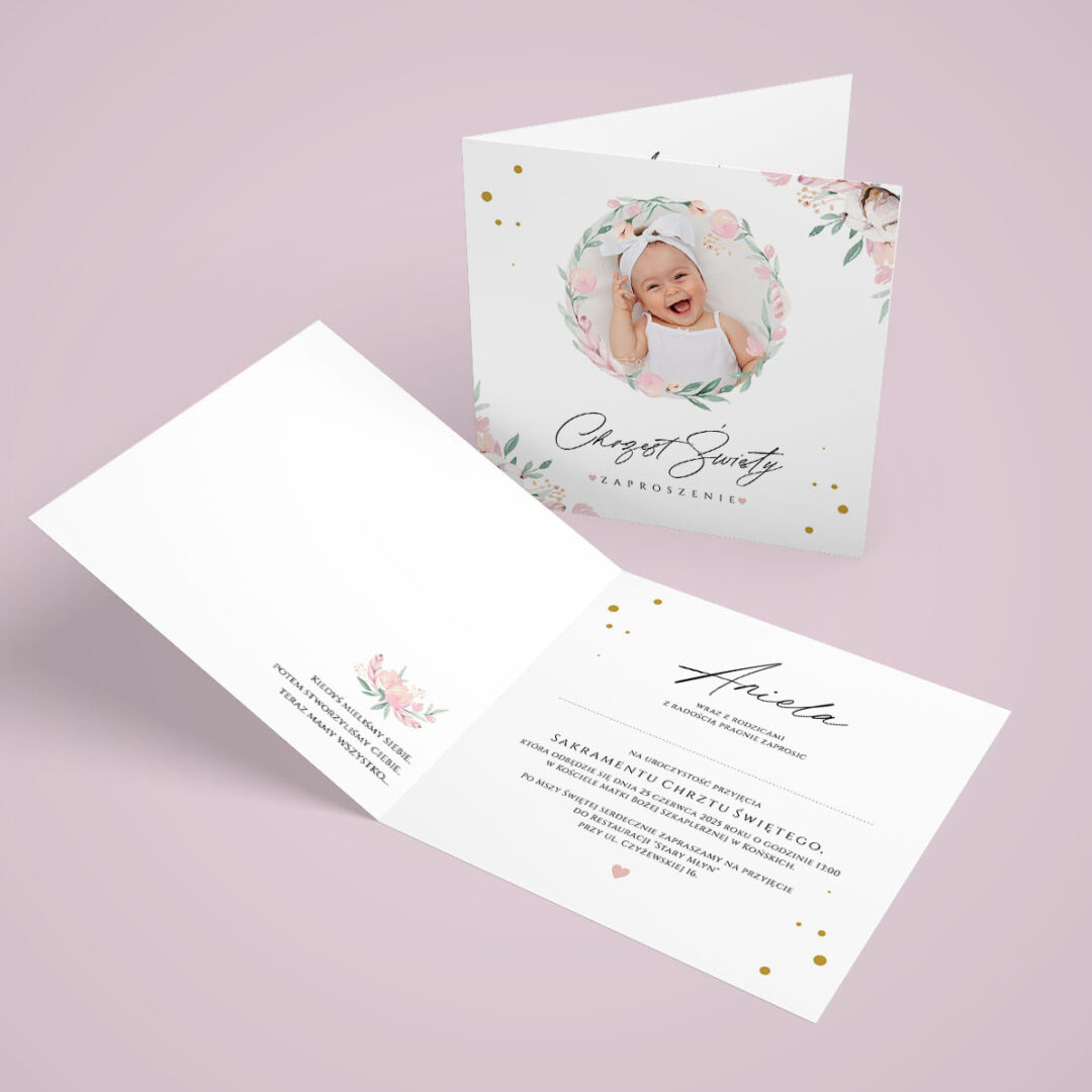 Zaproszenie na Chrzest z wianuszkiem i zdjeciem