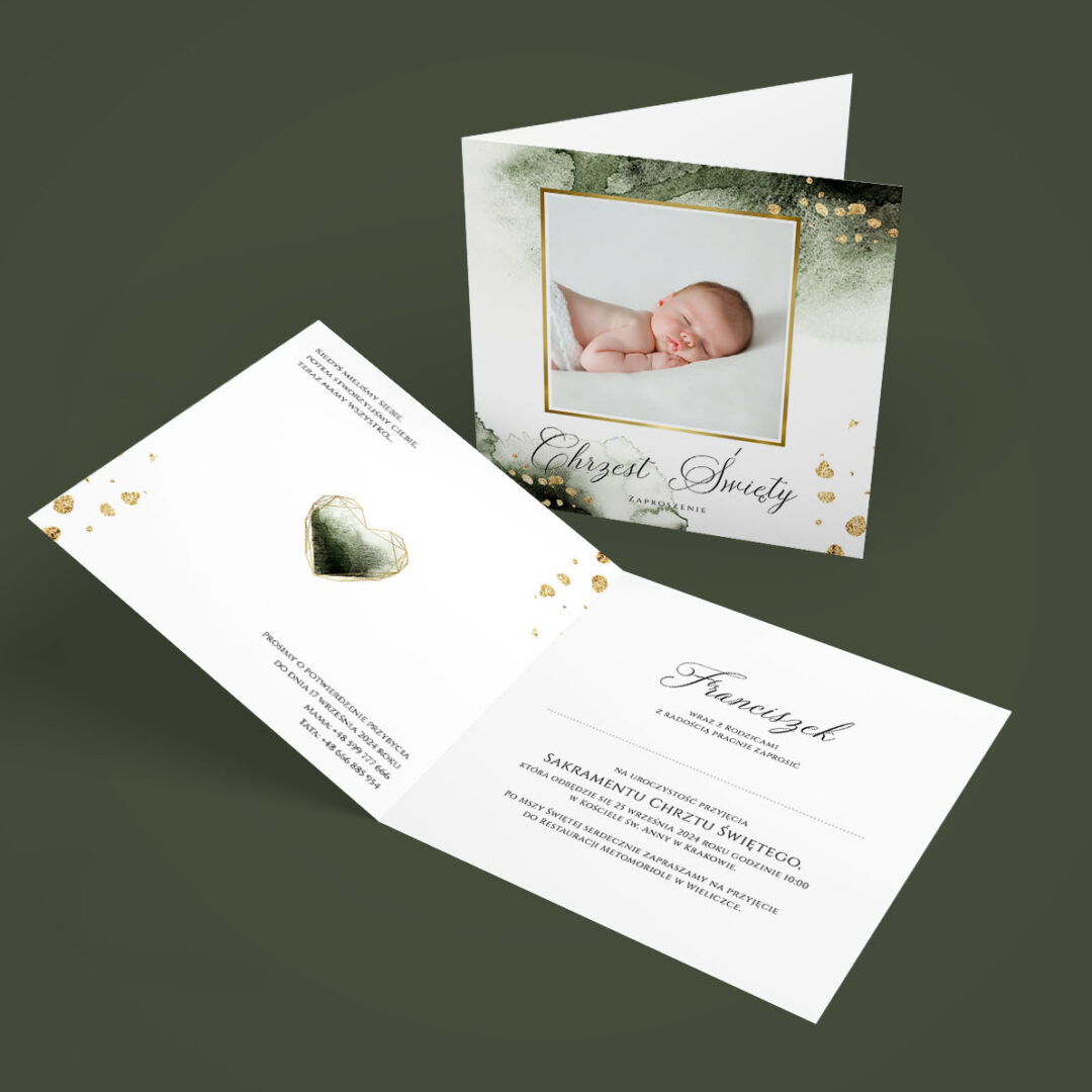Zaproszenie na Chrzest Święty ze zdjeciem ZIELEŃ środek