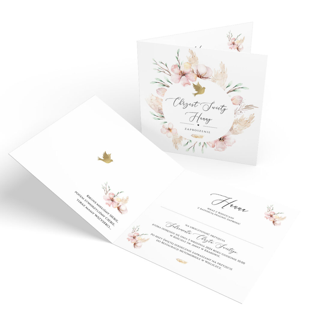 Zaproszenie na Chrzest Święty ze złotym gołąbkiem