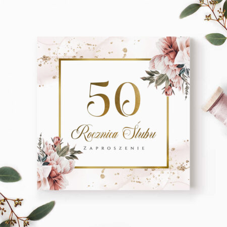 Zaproszenie na 50 rocznicę ślubu beż róż złoty