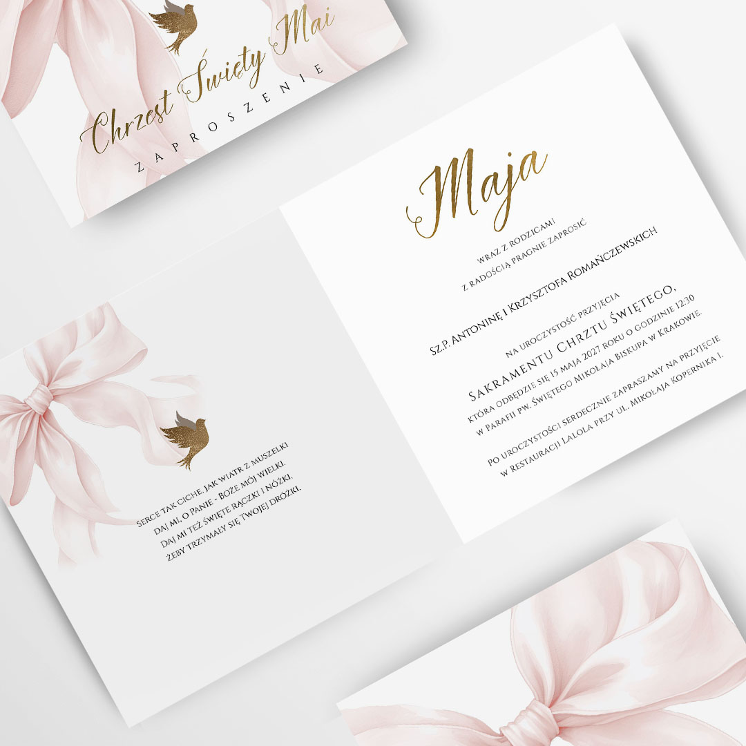 Zaproszenie na Chrzest Święty z motywem różowej kokardy