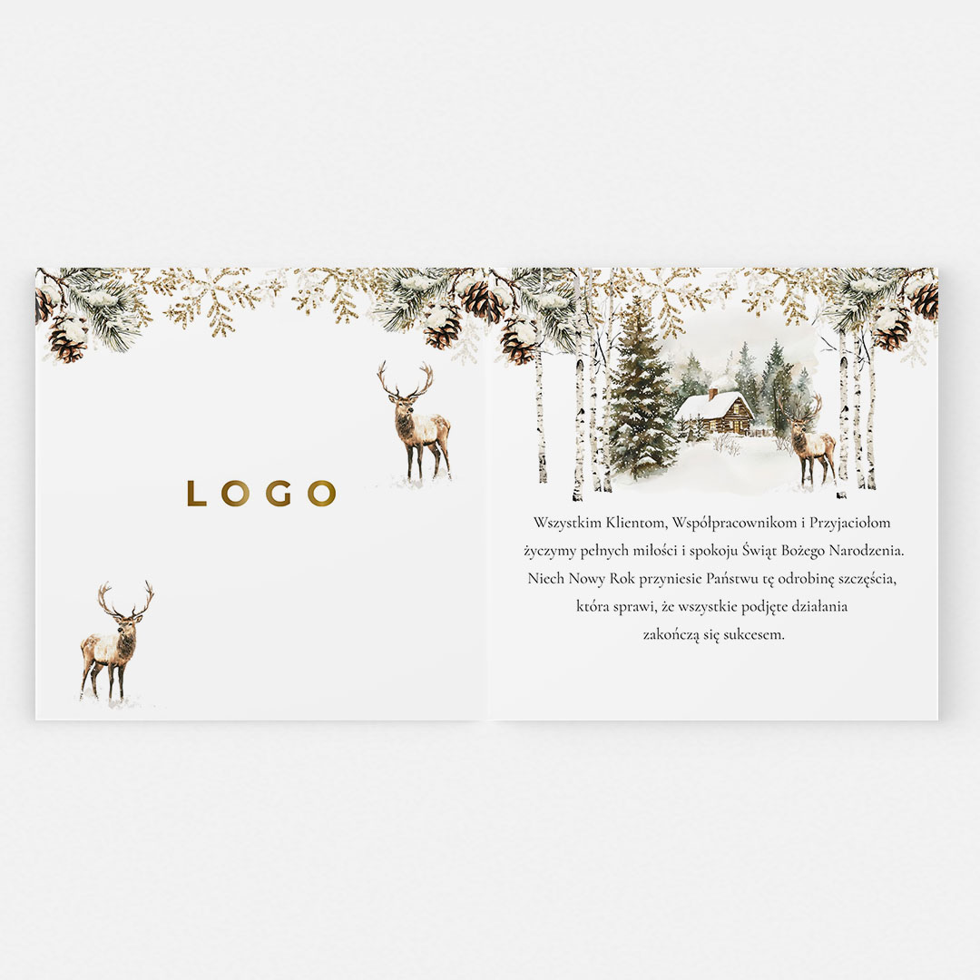 Kartka Świąteczna z domkiem i śniegiem w lesie