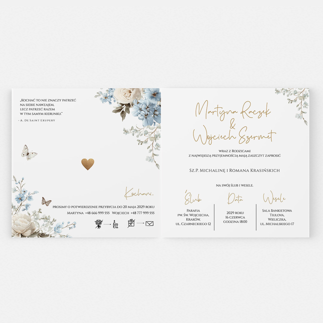 Alternative view of Zaproszenie ślubne z błękitnym motywem kwiatowym - MR227