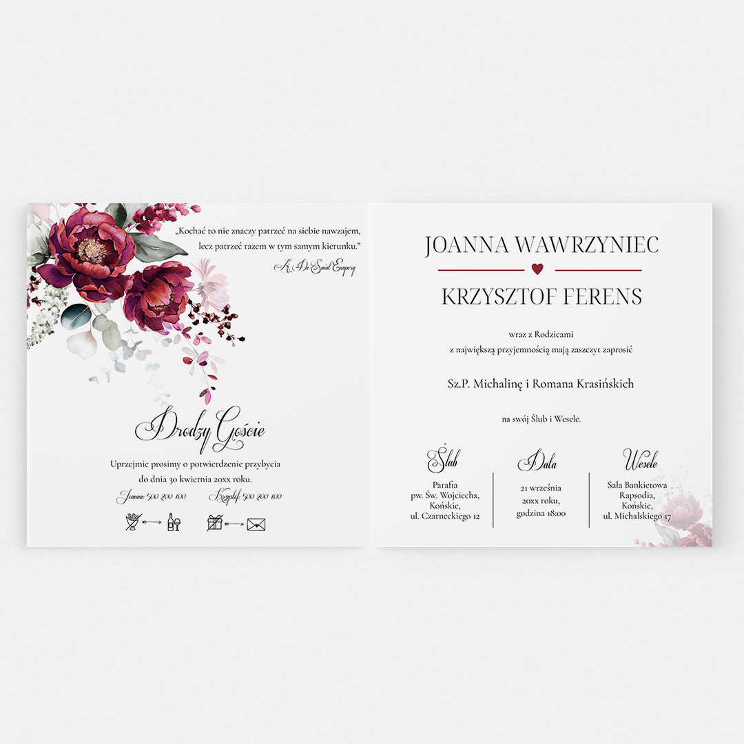 Alternative view of Zaproszenie ślubne z motywem w odcieniach amarantowych - MR225