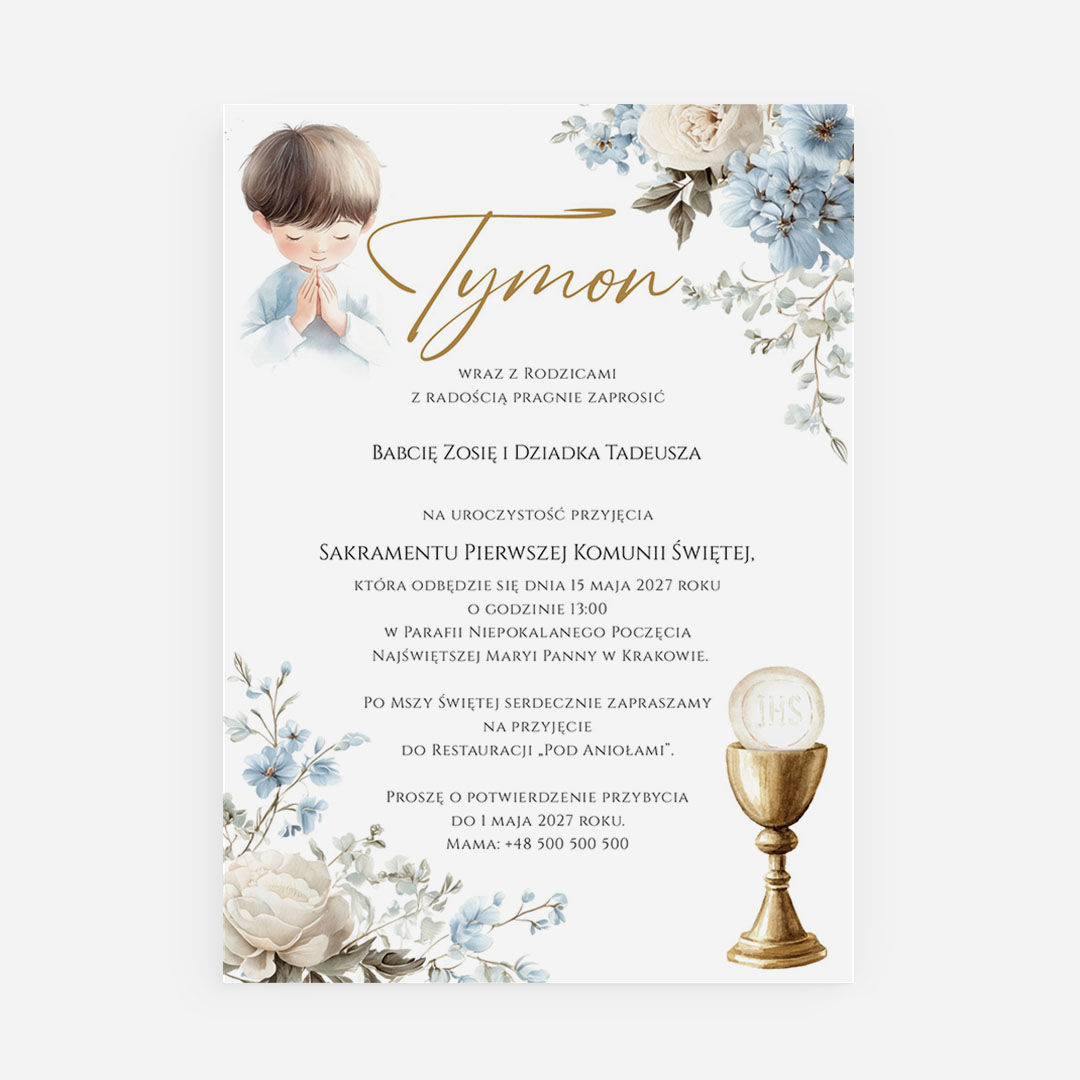 Jednokartkowe zaproszenie komunijne dla chłopca