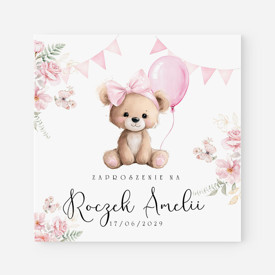 Zaproszenie na roczek dziewczynki z misiem - F°130