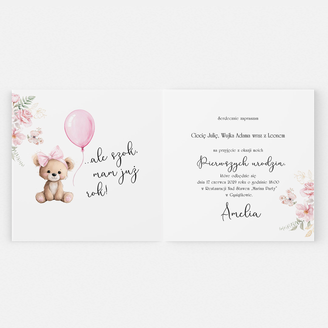 Alternative view of Zaproszenie na roczek dziewczynki z misiem - F°130