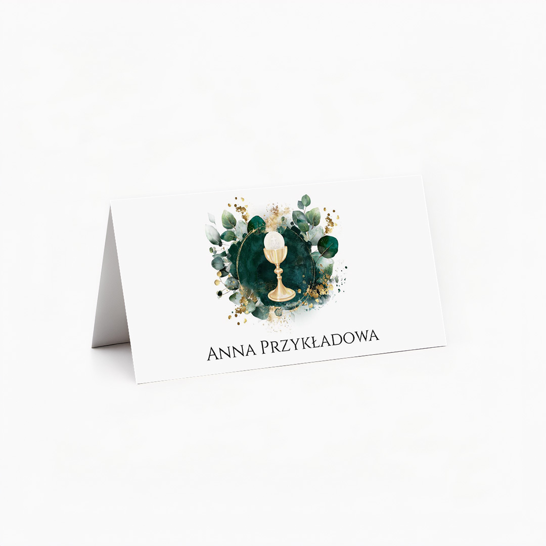 Winietka komunijna z kielichem i eukaliptusem. Elegancka, personalizowana dekoracja stołu na Pierwszą Komunię Świętą.