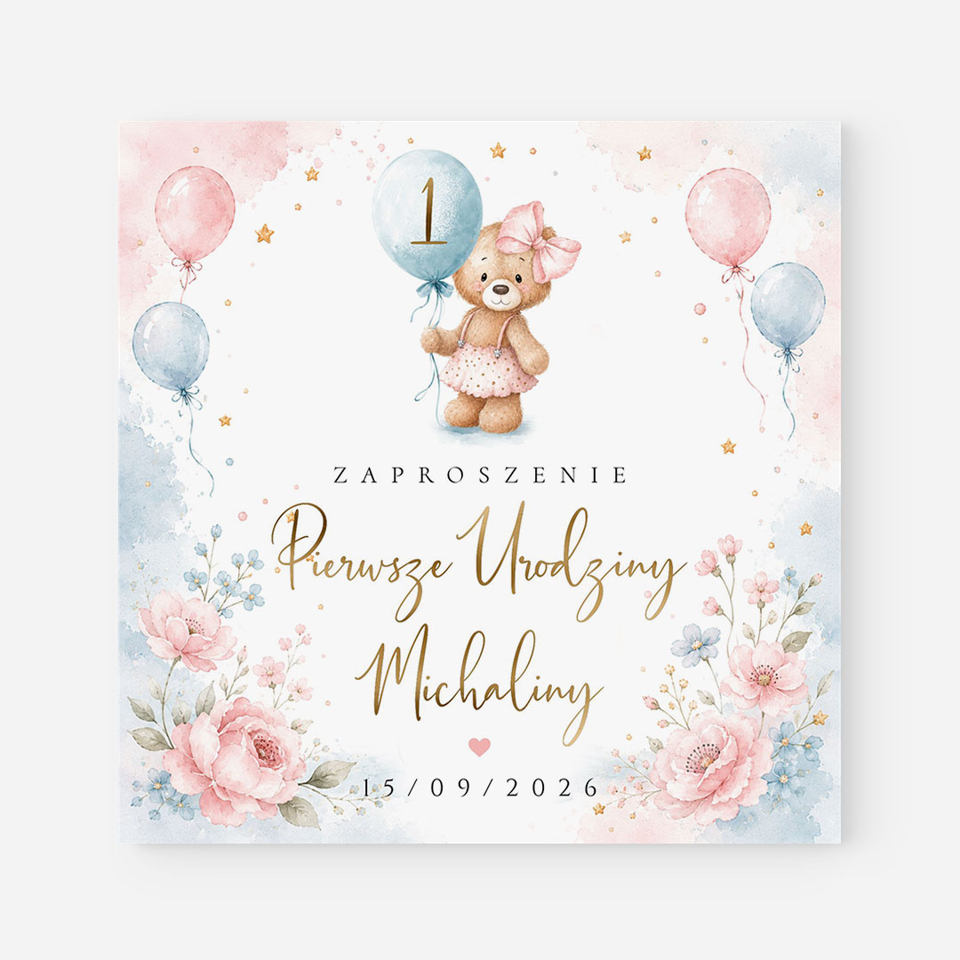 Niebiesko-różowe Zaproszenie na roczek dziewczynki - F°175