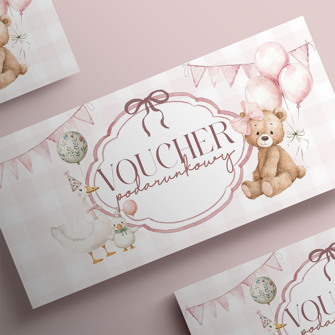 Voucher podarunkowy z dziecięcym motywem misia - róż - VCH601
