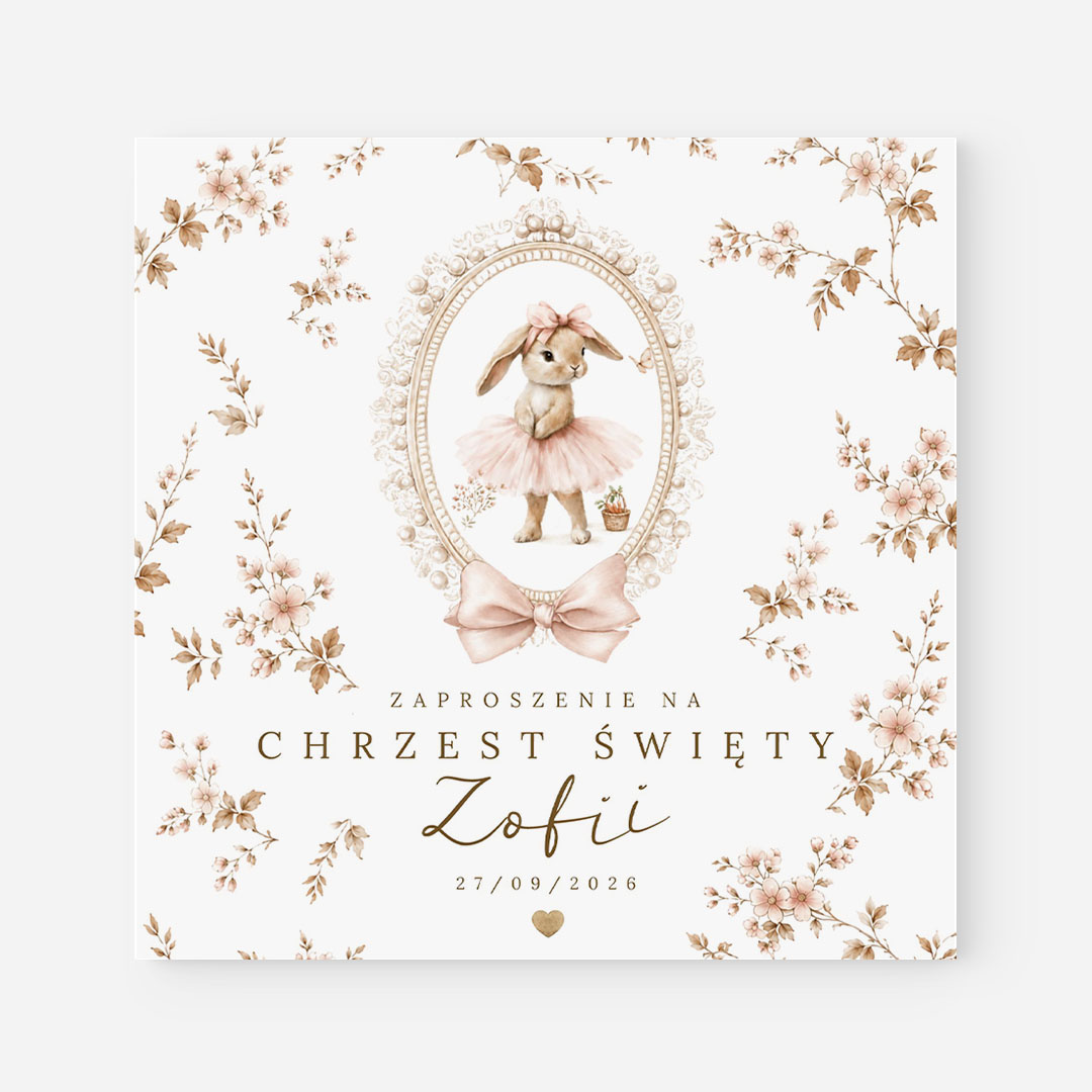 Personalizowane zaproszenie na Chrzest Święty z króliczkiem dla dziewczynki  – CE°175