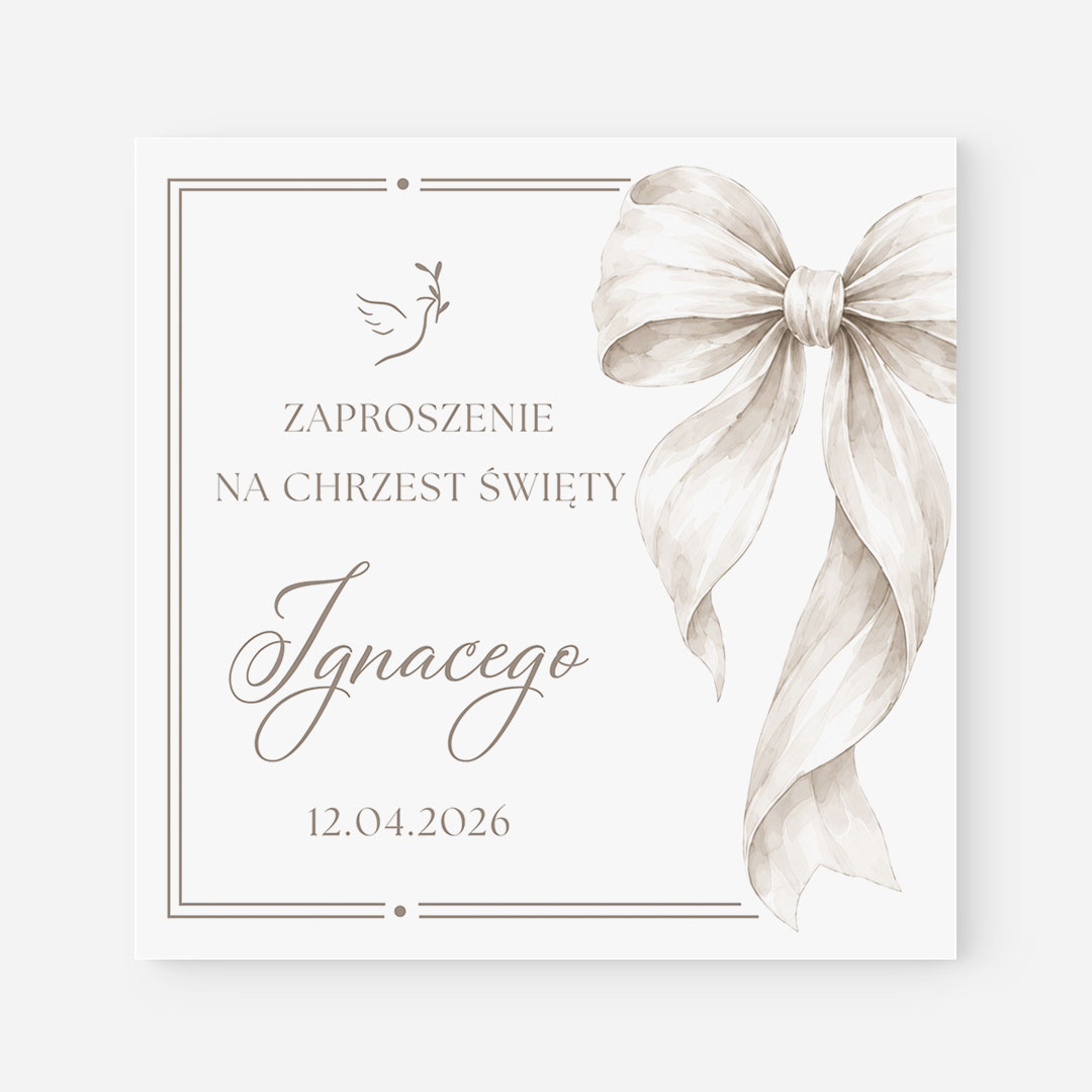 Zaproszenie na Chrzest Święty z beżową kokardą – CE°187
