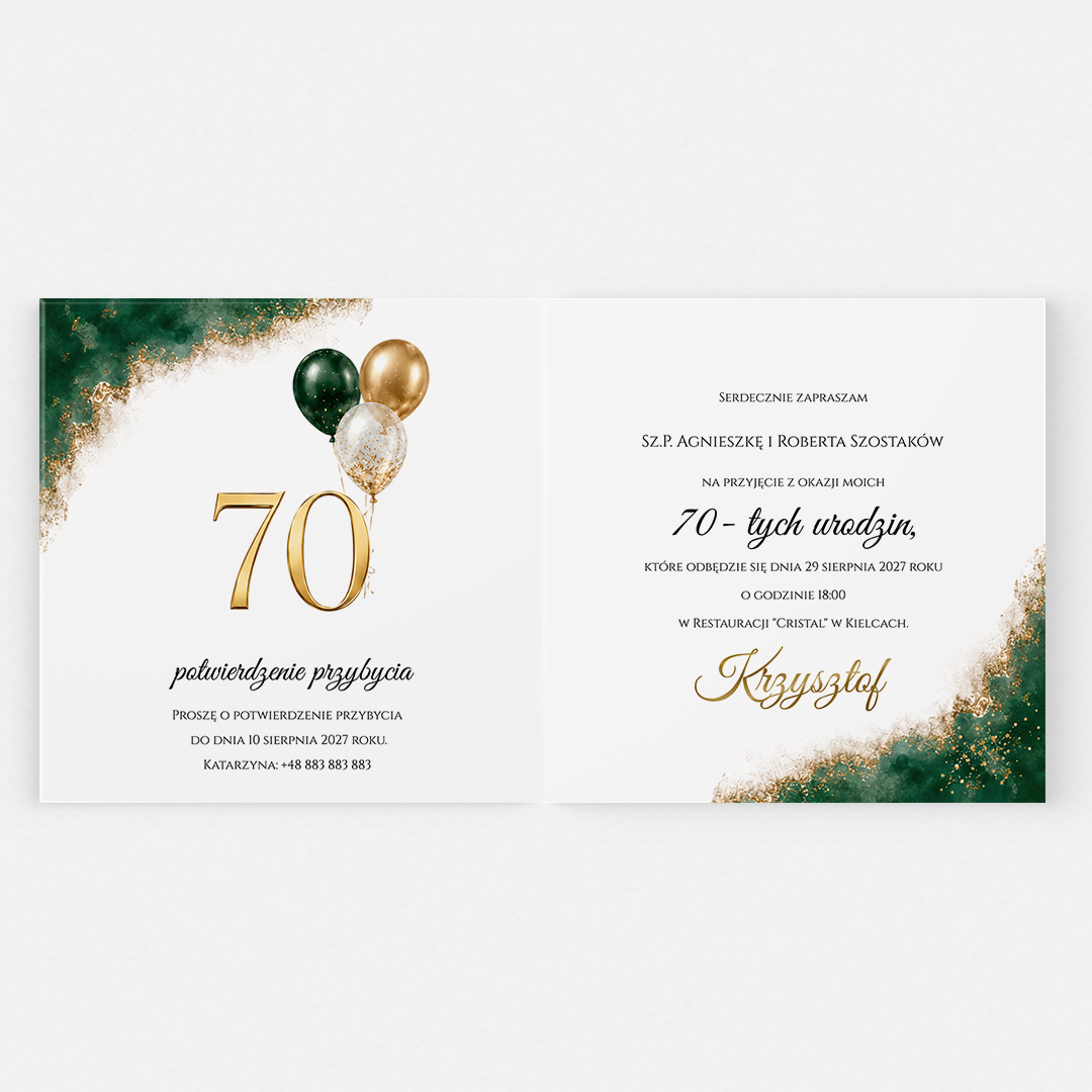 Zielono-złote zaproszenie na 70 urodziny – RT°128 - obrazek 2