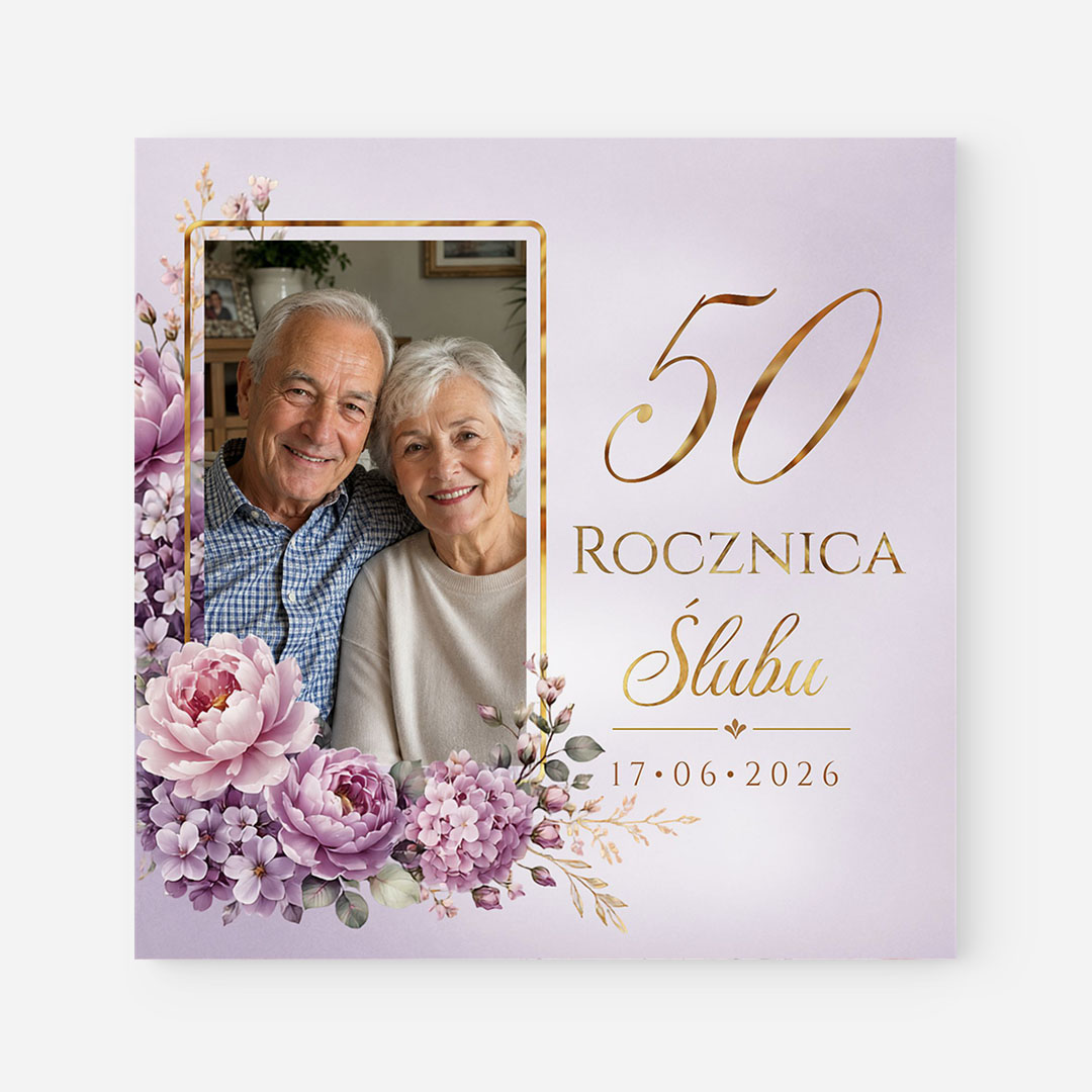 Zaproszenie na rocznicę ślubu ze zdjęciem w odcieniach fioletu
