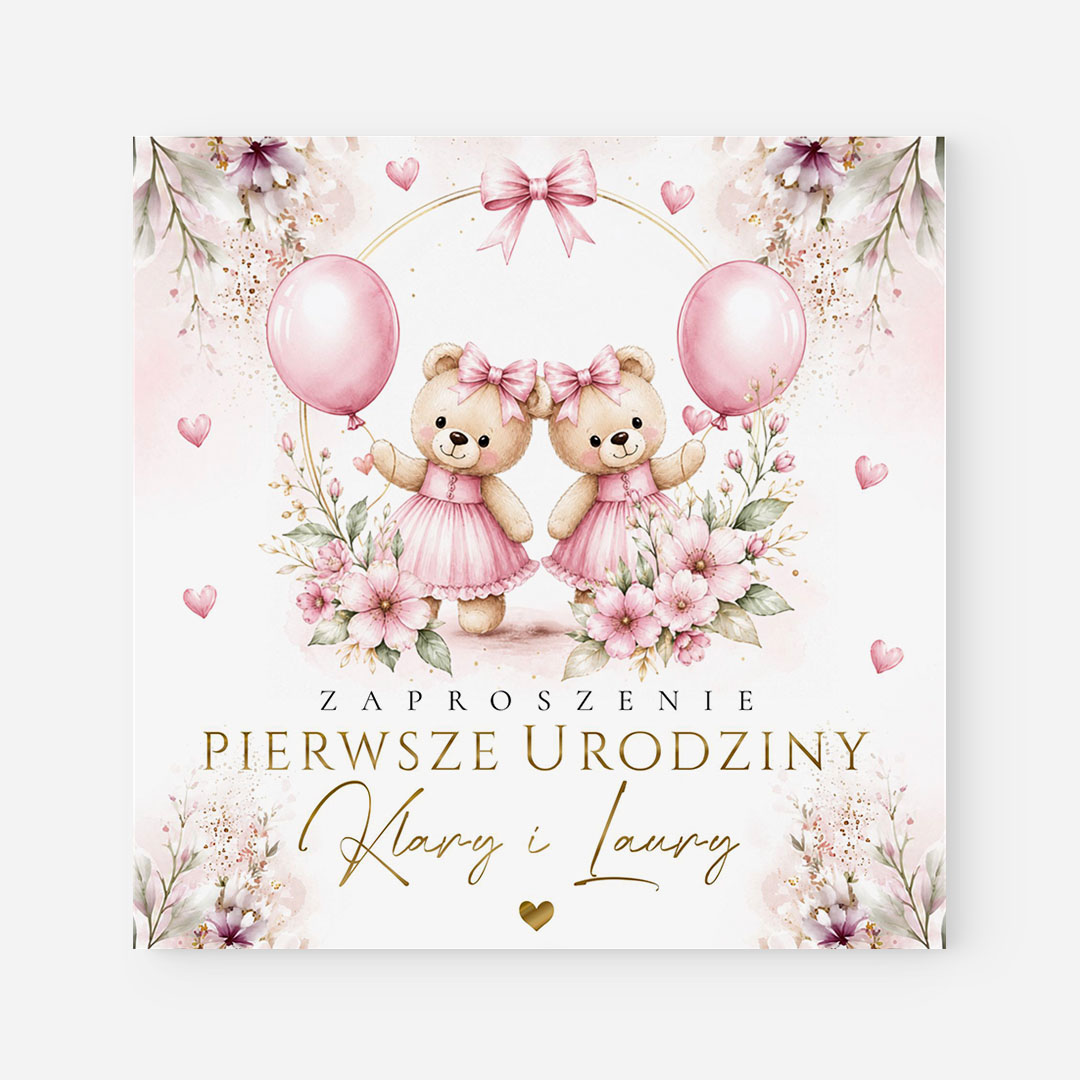 Różowe zaproszenia na roczek dla bliźniaczek - F°187