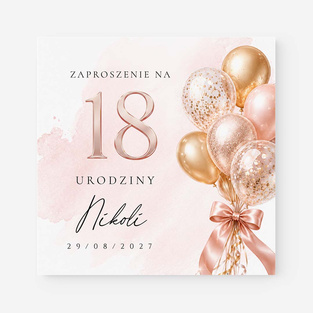 Różowe personalizowane zaproszenie na 18 z balonami – RT°152