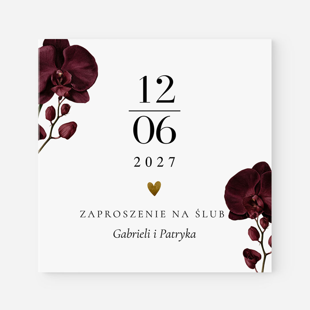 Minimalistyczne zaproszenia Ślubne z motywem bordowych storczyków - MR°270